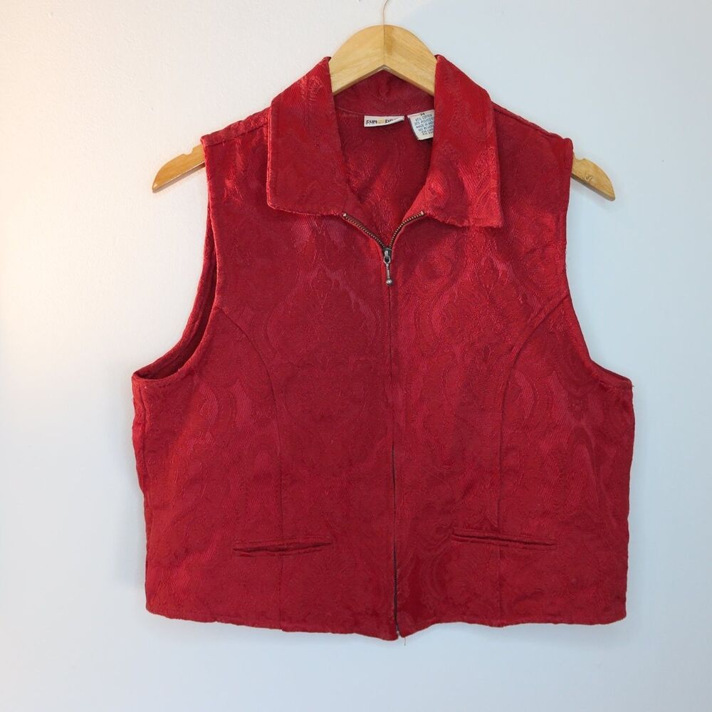 Sun River Womens M Red Jacquard Full Zip Sleeveless Vest Collared Textured